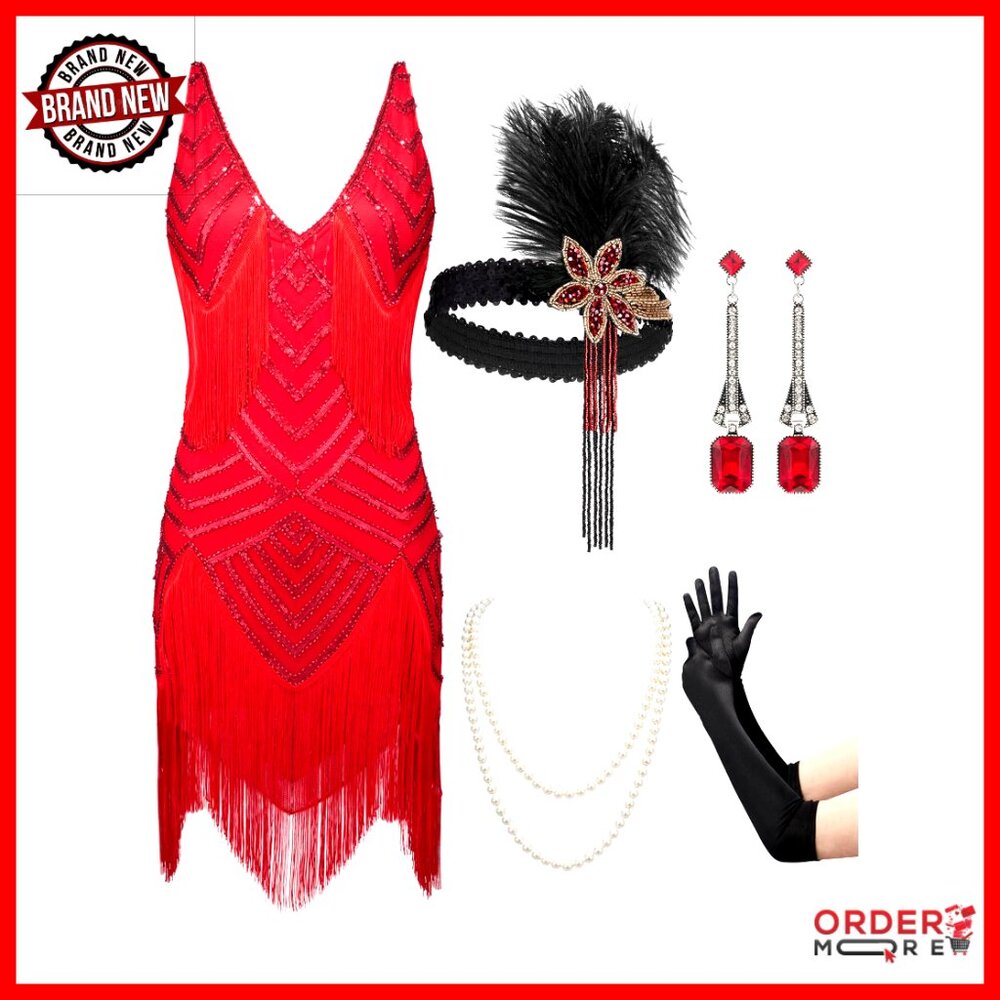1920s Flapper Fringe Cocktail Dress With Accessories Set, Size Medium
